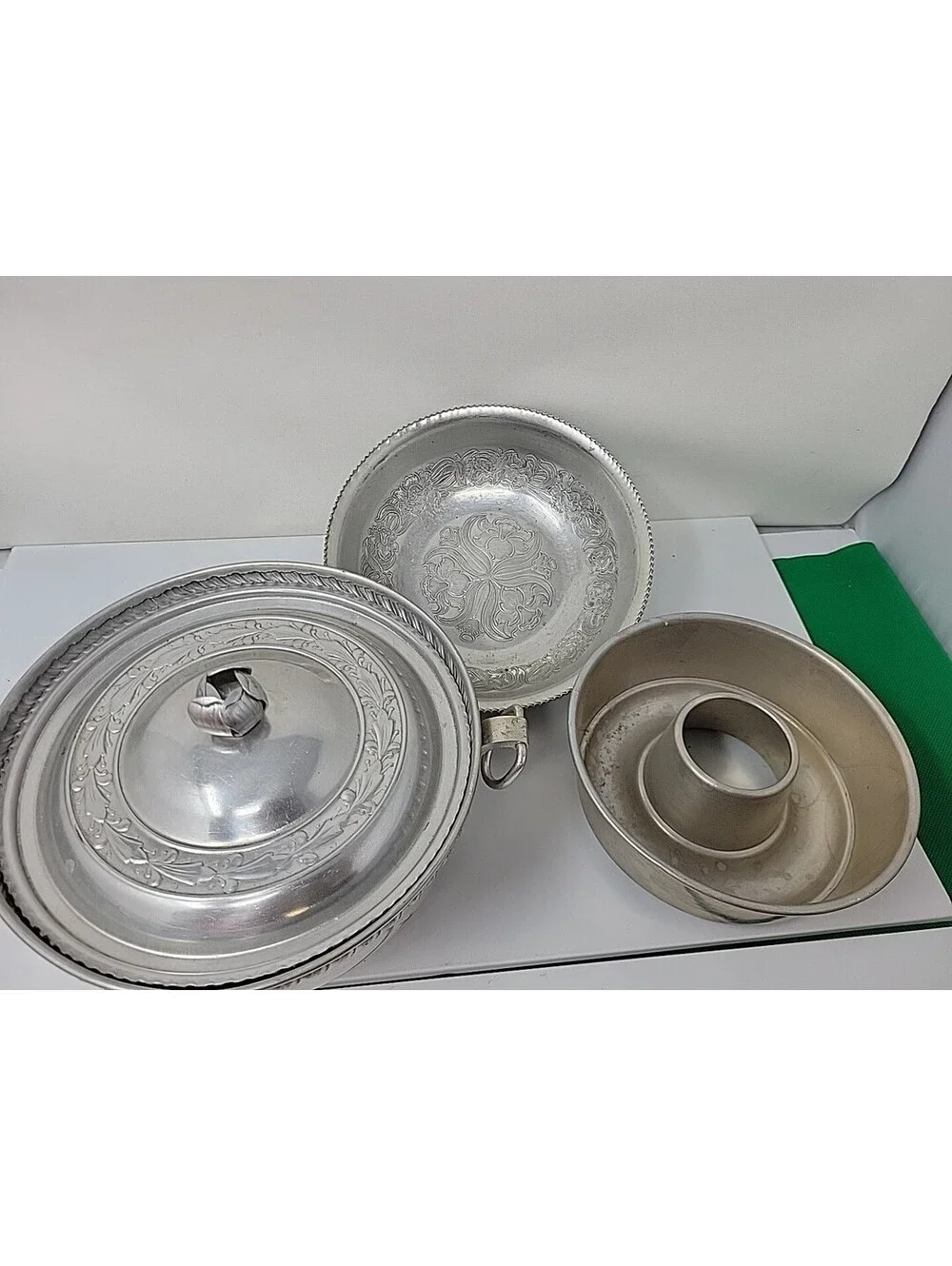 Vintage Aluminum Cookware Lot, Embossed Serving Bowl, Lidded Pot & Angel Food